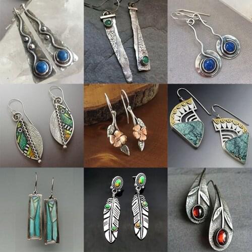 Vintage Boho Flowers Dangle Earrings for Women Irregular Hook Earring Statement Tibetan Ethnic Party Jewelry Accessories Gift