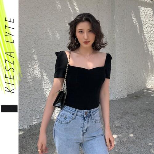 Summer 2020 new womens T shirt Hepburn style solid black white square collar vintage sexy knit blouse tops