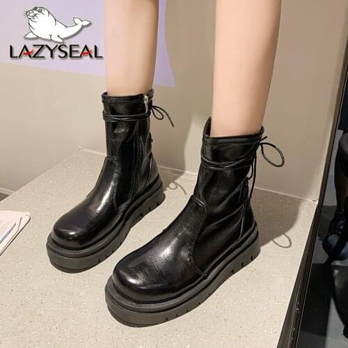 Lazyseal Back Cross Tied Women Casual Booties Zipper Platform Chelsea Boots Chunky Boot Black Female Autumn Goth Women Shoes