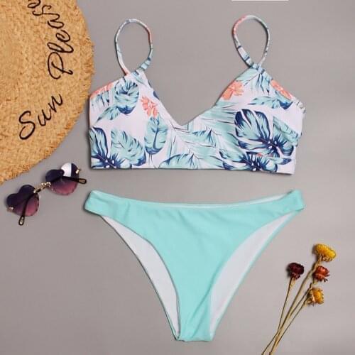 2pcs Women Swimsuits Bikini Set Push-Up Padded Top High Waist Floral Print Sling Split Thong Swimwear Sexy Beachwear 2021