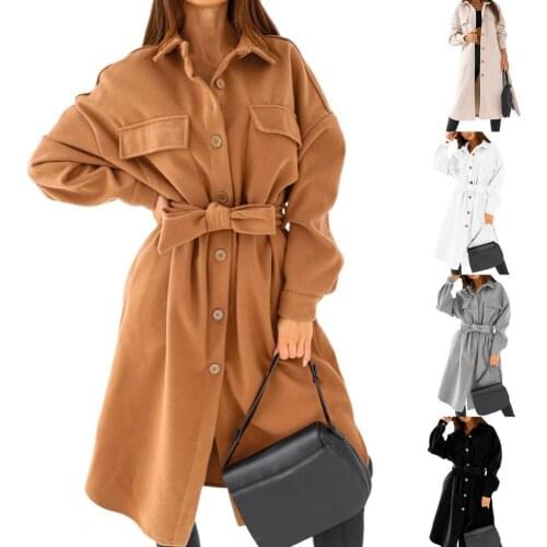 2021 Womens Long Blazer Oversize Coat Solid Color Single-breasted Autumn Thick Lapel Belt Long Coat Overcoat for Officewear Suit