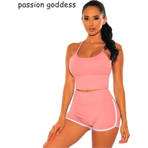 2021 Matching Set Summer Women Casual Sportwear Two Piece Set Spaghetti Strap Tank Crop Top Biker Elastic Shorts Suit Outfits