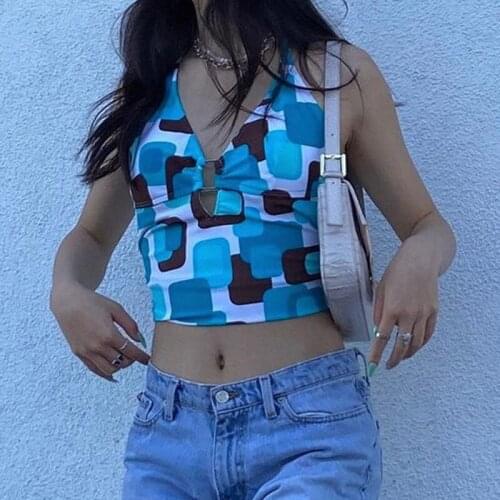 2021 Sexy Women Halter Crop Cami Tops Sexy Sleeveless Geometric Print Cutout Slim Fit Camisole for Daily Wear Club