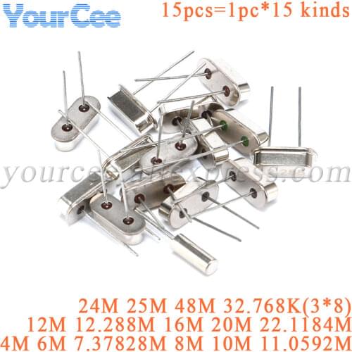 Crystal Oscillator Assortment Kit For 11.0592M 12M 32.768K(3*8mm) HC-49S 16M 24M 25M 8M 6M 15Value x 1PCS=15 PCS