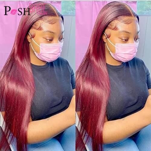 150% Density 99J Burgundy Lace Front Human Hair Wigs For Black Women Long Straight Brazilian Remy Pre Plucked Lace Frontal Wig