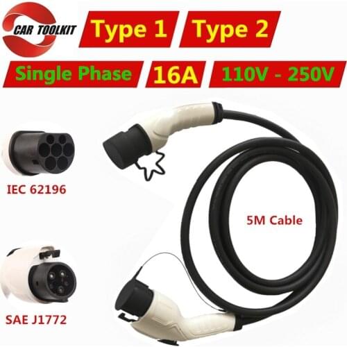 16A EV Charger Cable SAE J1772 Type 1 to Type 2 IEC 62196 Convertor EVSE Adapter Electric Vehicle Car Charging Station 110V-250V