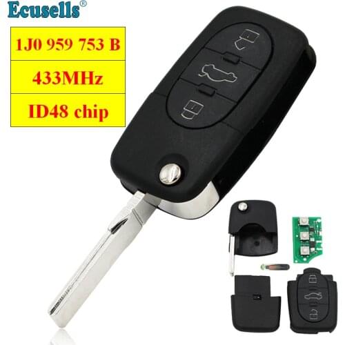 Keyless Entry Fob flip remote key fob 433mhz ID48 chip FOR VOLKSWAGEN VW PASSAT GOLF BEETLE BORA POLO 1J0 959 753 B 1JO959753B