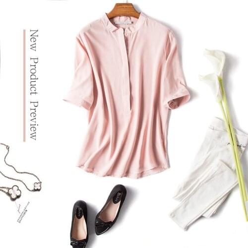 Natural Silk Solid Mandarin Collar Tees 100% Mulberry Silk Half Sleeve Basic T-shirt M L XL FREE SHIPPING