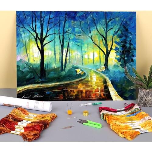 Oil Painting Style Blue Fog Printed Water-Soluble Canvas 11CT Cross Stitch DIY Embroidery Full Kit DMC Threads Decor