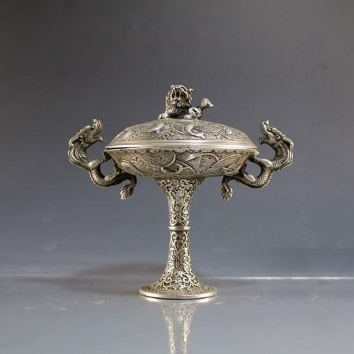 Classical cupronickel silver plated incense burner home office decoration double dragon ear incense burner