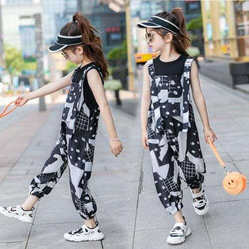 Girls Summer Clothes Sets Fashion Vest Print Jumpsuit 2 Pcs Suit for Children Overalls 10 12 13 Y Kids Tracksuit Teen Playsuit