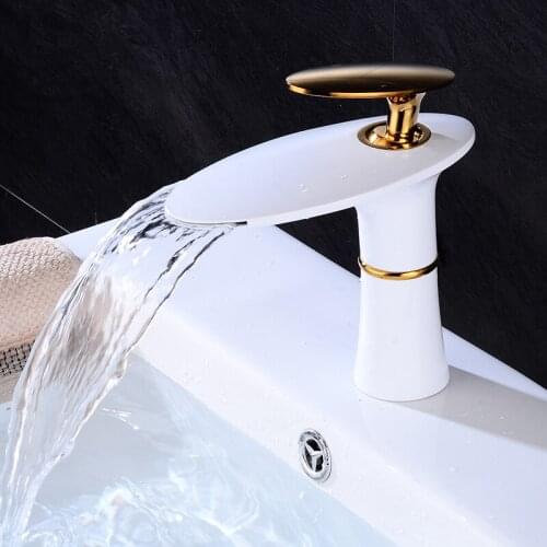 Bathroom Faucet White Gold Basin Faucet Cold & Hot Brass Waterfall Faucet Mixer Sink Tap Single Handle Bathroom Tap
