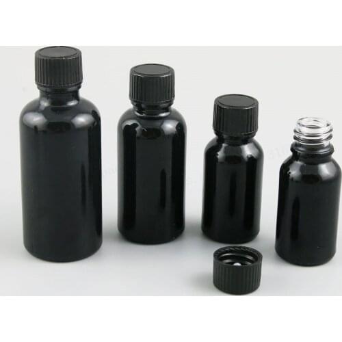 Refillable 10ml 15ml 20ml 1oz 50ml 100ml Shining Black Glass Cosmetic Essential Oil Bottle With Plastic Caps Lids 200pcs