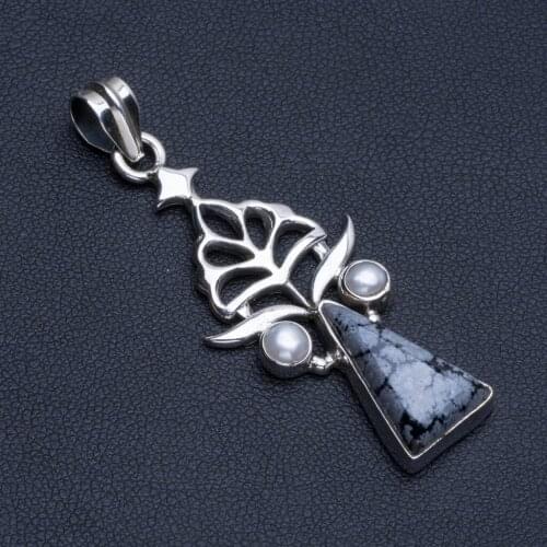 Natural Snowflake Obsidian and River Pearl Boho Style 925 Sterling Silver Pendant 2" R0965