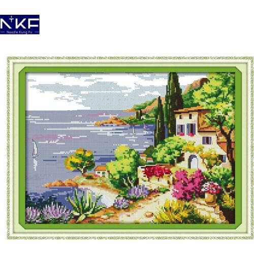 NKF Seaside Landscapes Chinese Cross Stitch Pattern DIY Kits Needlework Embroidery Painting Cross Stitch Sets for Home Decor