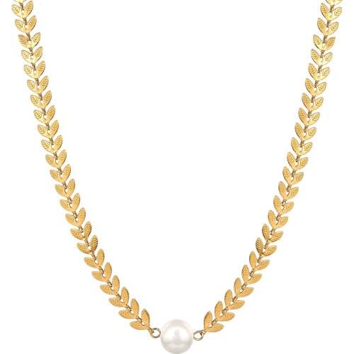 FYSARA Original New Design Stainless Steel White Pearl Choker Necklaces For Women Girl Bohemia Leaflet Charm Pendant Necklace