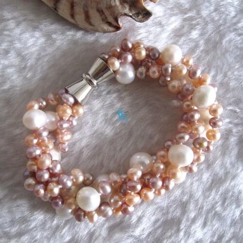 NEW 8" 4-9mm Multi Color 4Row Freshwater Pearl Bracelet Magnetic Clasp