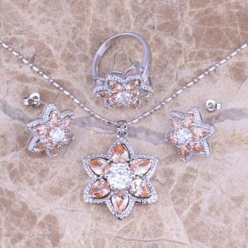 Adorable Champagne Morganite White CZ Silver Plated Jewelry Sets Earrings Pendant Ring Size 6 / 7 / 8 / 9 S0439