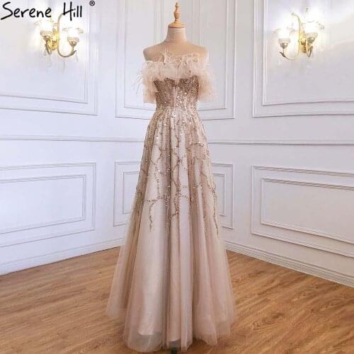 Serene Hill Grey A-Line Sexy Evening Dresses Gowns 2021 Beaded Feather Sparkle Formal Women Party LA71328