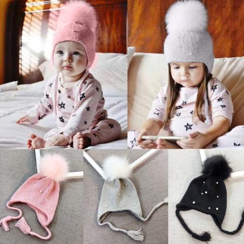 New Baby Cute Girls Pearl Hats Boy Hair Ball Earbud Pearl Crochet Kids Winter Warm Knit Hats Newborn Cap Infant Gift