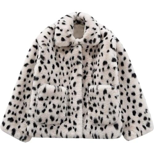 PERHAPS U Women Beige Faux Fur Coat Outwear Button Warm Thick Turn Down Collar Pocket Leopard C0368