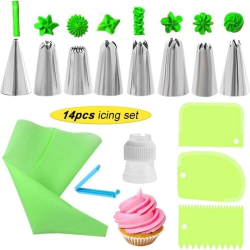 10/14Pcs Cake Decorating Kit Piping Tips Silicone Pastry Icing Bags Nozzles Cream Scrapers Coupler Set DIY Cake Decorating Tools