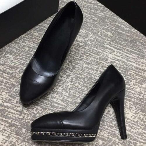 New Fashion Basic Office Lady Pumps Black Genuine Leather Women High Quality Heels Chain Wedding Dress Shoes 35-40