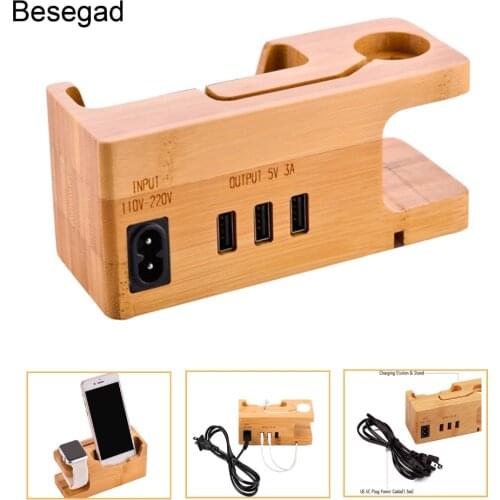 Besegad 3port Wood USB Charging Station Charger Dock Stand Holder for Apple Watch iWatch Series 1 2 3 4 iPhone X 8 7 6 6S Plus