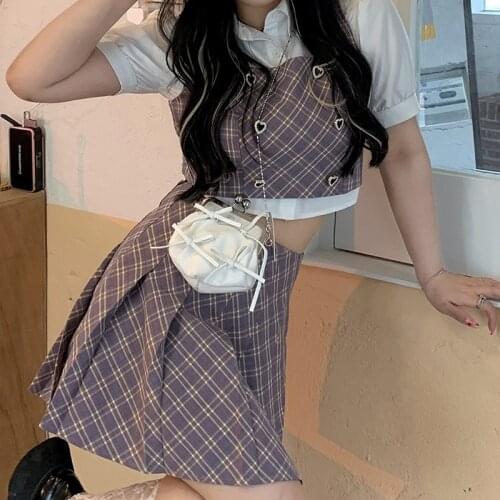 Платье летнееCollege style short pleated skirt and plaid vest suit women юбка шорты skirt suits Мини юбки festival clothing Юбки
