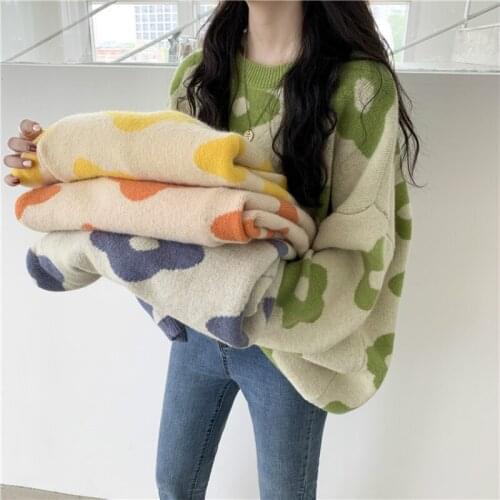 2020 Women Autumn Oversized Short Floral Sweater Round Collar Full Sleeve Cute Knitted Pullovers Casual Jumpers