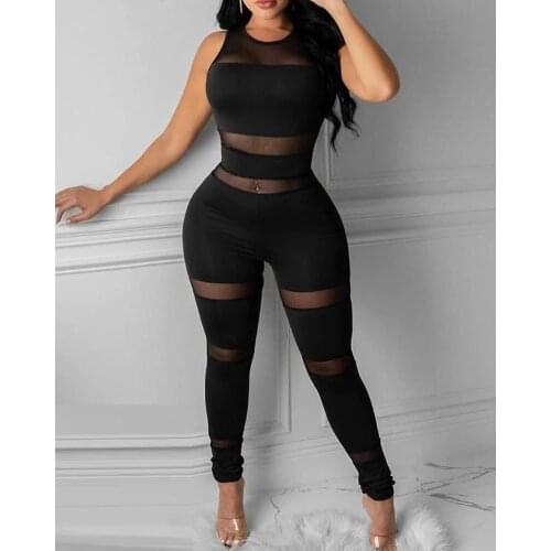 Women Fashion Casual Autumn Spring Wear Jumpsuits Overalls Solid Sleeveless Sheer mesh Jumpsuit