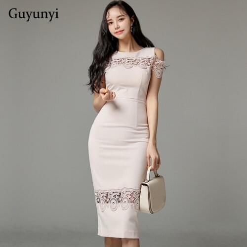Pink Office Elegant Dress 2021 Summer Temperament Hollow Decorative Lace Stitching High Waist Tight Party Womens Dresses