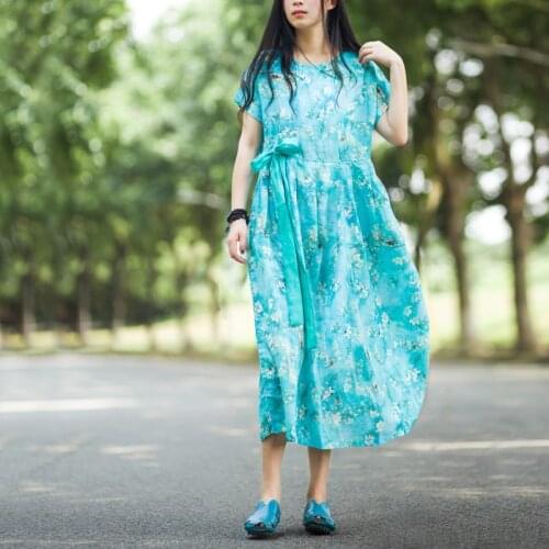 Women Loose Printed Tencel Ramie Dress Ladies Print Floral Dresses Female 2020 Summer Bow Dress