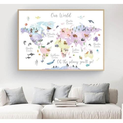 Animal World Map Canvas Paintings Children Posters and Prints Nursery Wall Art Pictures Baby Kid Bedroom Playroom Home Decor