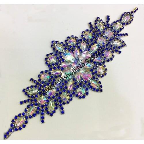 1pc sapphire blue crystal rhinestone applique with AB glass stones for gown garments DIY sewing crystals for clothing accessory