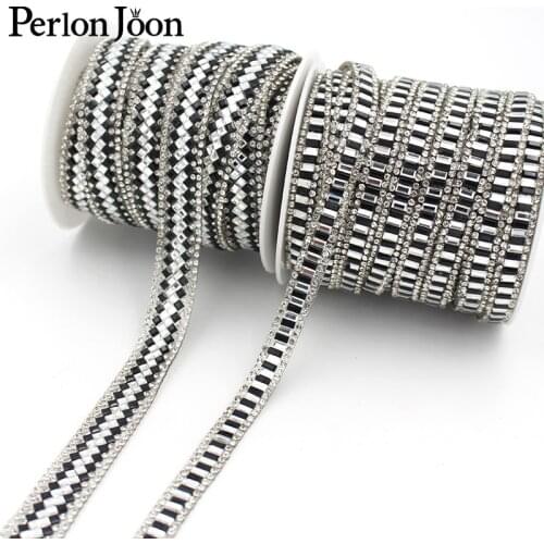 1 yard Black and white style glass ribbon crystal Rhinestone Tape trim Hot Fix Iron On Appliques for Dress shoe adornment TR132