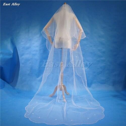 2 Layer Chapel Length 240cm Bridal Veil Beads Wedding Veil Scallop Edge