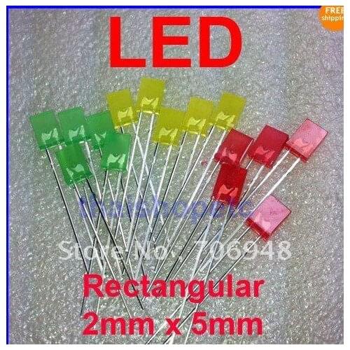 Free shipping diffused 600pcs(200pcs each) Red ,Green, Yellow ,2x5x7mm Rectangular LED ,good quality