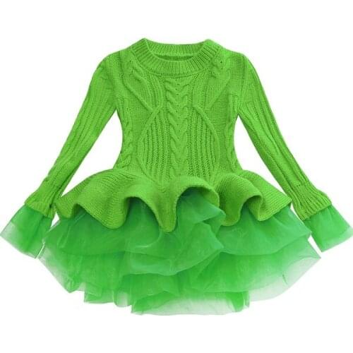 Autumn Winter Knitted Sweaters Girls Dress Tutu Kids Dresses Red Christmas Long Sleeve Children Princess Party Dress