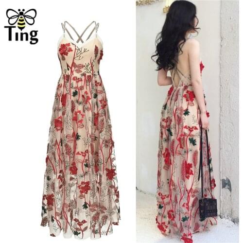 Tingfly Luxury Flower Embroidery Maxi Long Party Night Dresses Sexy Open Back Cross Strap Club Dress Summer Casual Vesditos New