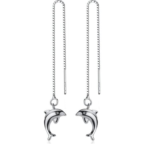 100% Real 925 Sterling Silver Dolphin Long Drop Earrings Pull Through Threader Earrings for Women Girls