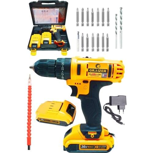 Graizer GERMAN Impact Metal Gearbox Dual Cordless Cordless Screwdriver 36 V 5 Ah 17 Piece Set