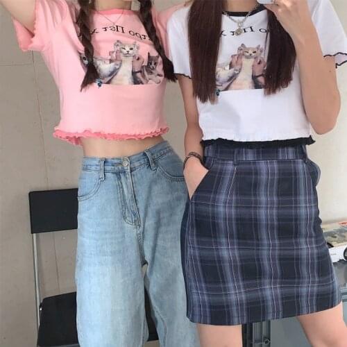 T-shirt Female Fungus Round Neck Cat Print Short-sleeved T-shirt Female Summer New Korean Style Slim Short Top Trend