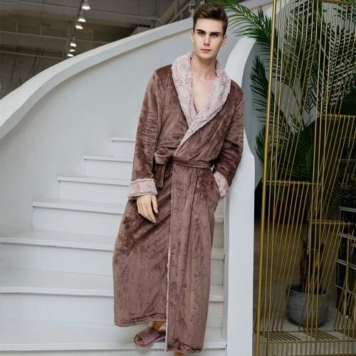 Autumn Winter Flannel Robe Men Kimono Bathrobe Gown Warm Sleepwear Male Nightgown Thick Coral Fleece Nightwear Homewear Lingerie