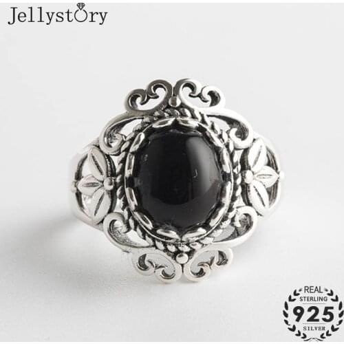Jellystory Vintage 925 Sterling Silver Ring with oval obsidian flower shape Jewelry for Women Wedding Party Gift Adjustable Ring