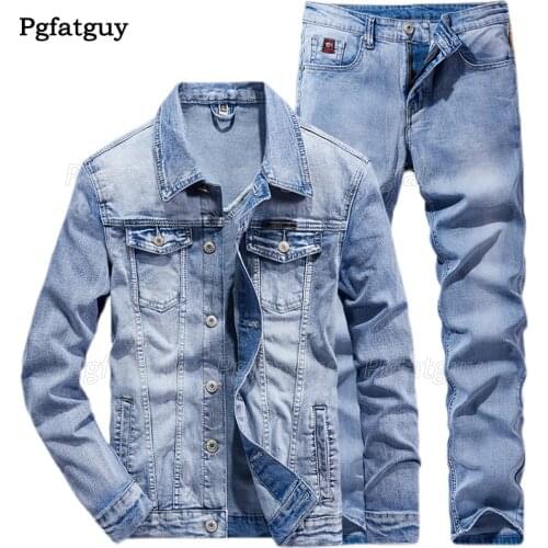 Solid Color Simple Mens 2 Piece Set Spring Autumn Light Blue Long Sleeve Denim Jacket + Jeans Fashion Slim Couple Jeans Sets