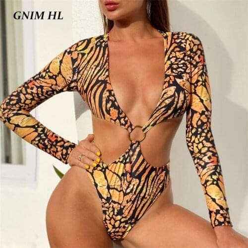 GNIM Long Sleeve Swimwear Women Leopard Print Bikini Mujer 2020 Sexy Retro Bathing Suit Women One Piece Thong Swimsuit Biquinis