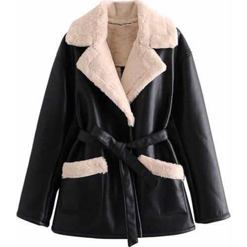 SeeBeautiful Velvet PU Loose Thick Jacket Coat V-neck Long Sleeve Belt Pockets Patchwork New Fashion Spring 2021 Women M494