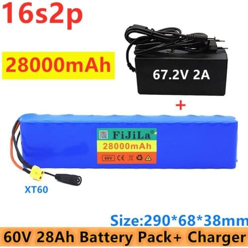 New 60V 16S2P 28Ah 18650 Li-ion Battery 67.2V 28000mAh Ebike Electric Bicycle Scooter With BMS 1000Watt xt60 Plug With+ Charger