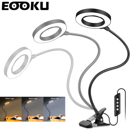 EOOKU USB 8W Clip Table Lamp 3X Magnifying Glass Desk Light Spring Tube 3-Color 10-Level Dimming For Reading/Beauty/Inspection
